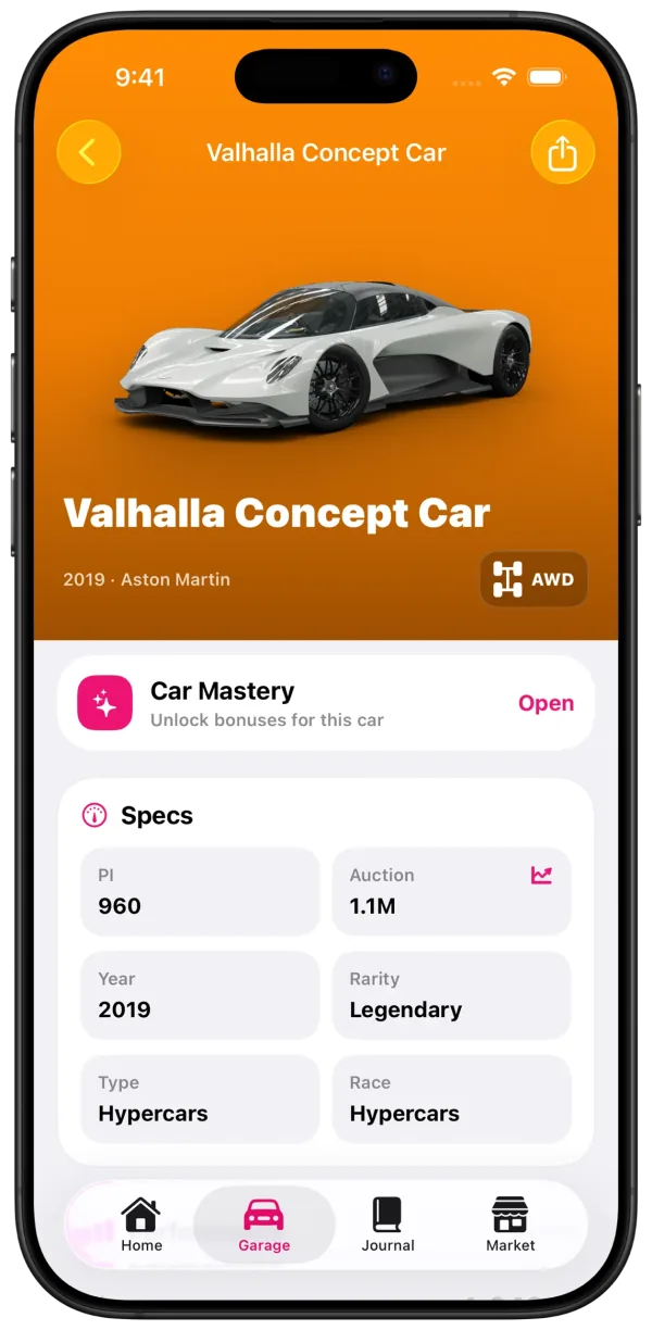 Карточка Aston Martin Valhalla с характеристиками